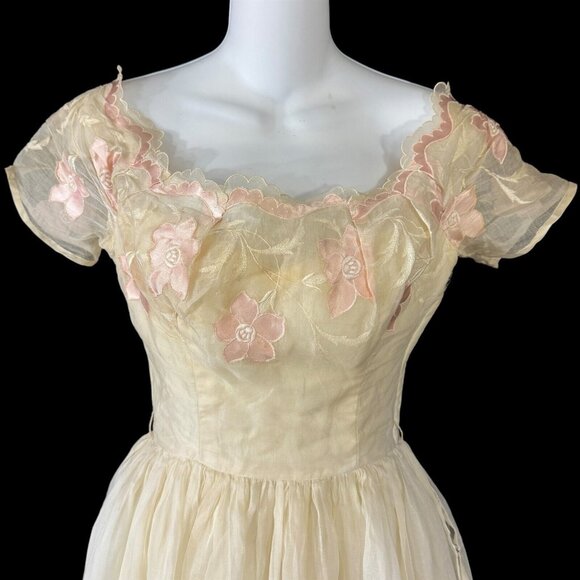 Harry Keiser Party Dress Yellow Organza Flower Applique Size 6 Vintage 1950s - Picture 2 of 12